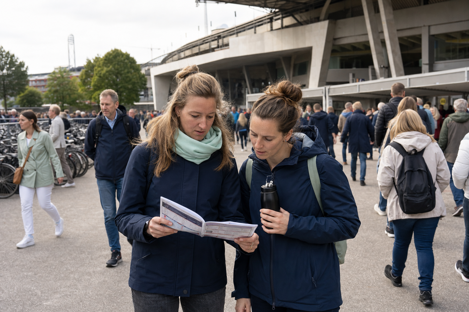Twee volwassen bezoekers bekijken hun route bij de ingang van een druk sportstadion
